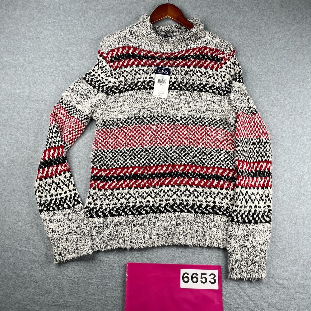 Chaps Knit Sweater Womens Size Large Petite Gray Red Striped High Neck New NWT